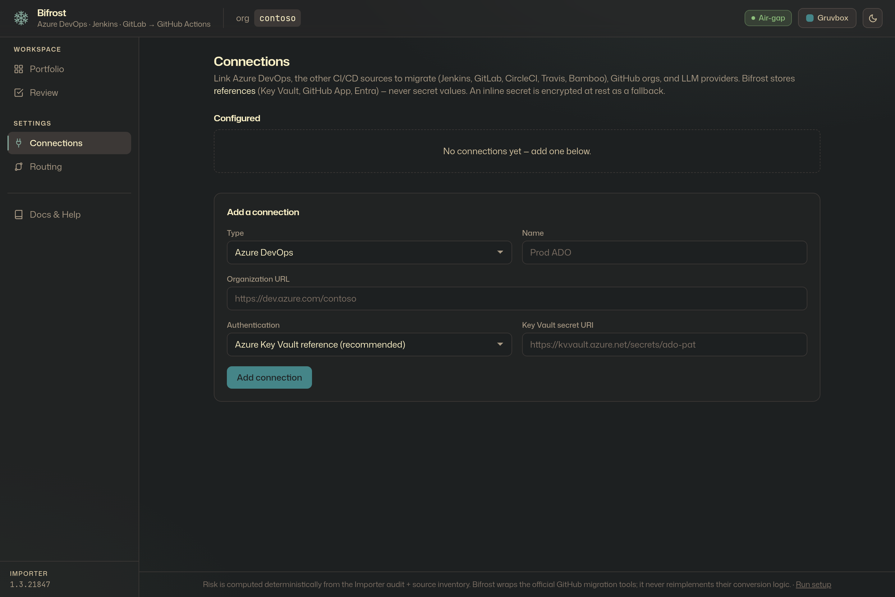 Connections settings — link ADO, other CI/CD sources, GitHub, and LLM providers by reference
