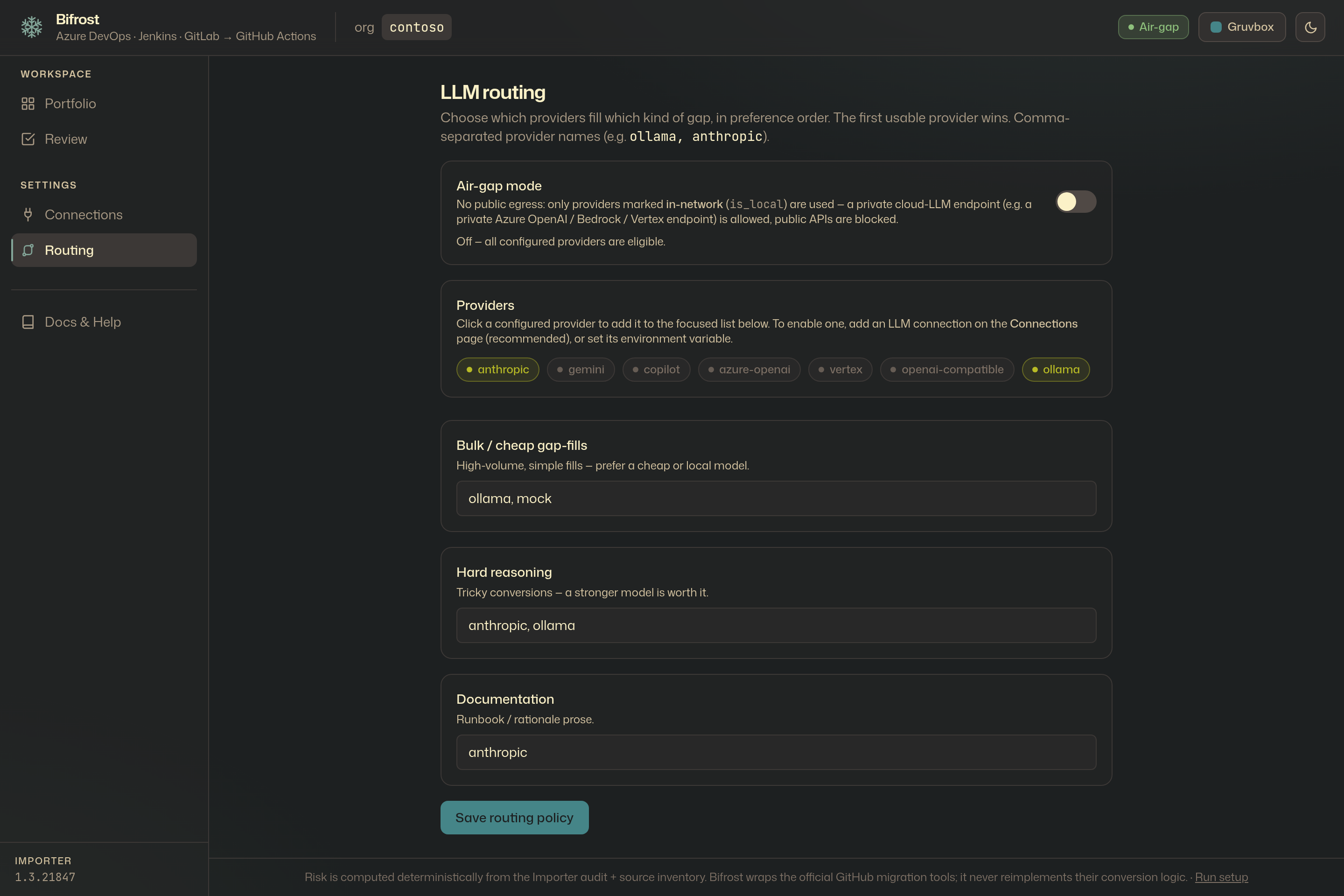 Routing settings — model routing policy across providers